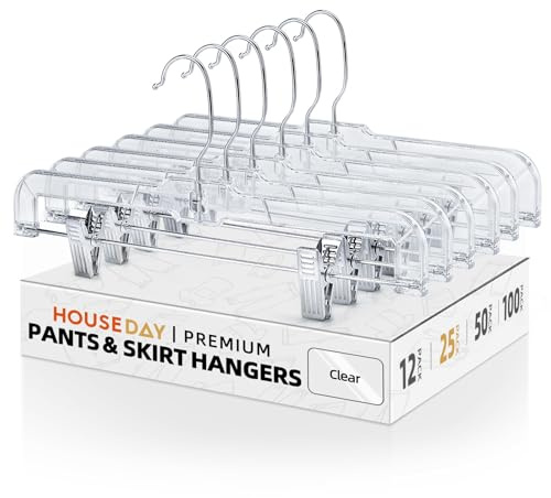HOUSE DAY Lot de 25 cintres en Plastique Transparent avec Clips antidérapants pour Pantalons, Jupes et Shorts, 35,6 cm