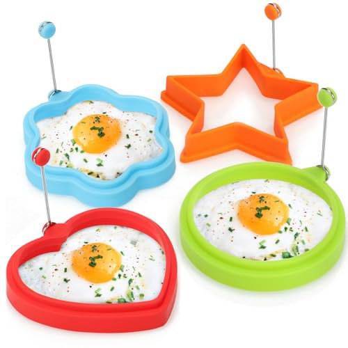 COM-FOUR® 4x Forma per padella - Forma in silicone per uova in padella cerchio, fiore, stella, cuore - forma per pancakes con manico protezione calore (04 pezzi - mix - colorato)