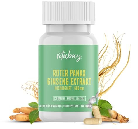 Vitabay Roter Ginseng 600 mg – 120 vegane Panax Ginseng Extrakt Kapseln – Standardisiert auf 20% Ginsenoside – Vegan und frei von Zusatzstoffen – Sorgfältig verarbeitet – Laborgeprüft in Deutschland