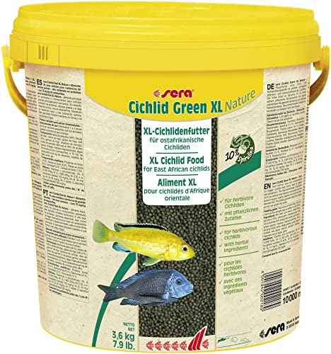 sera Cichlid Herbivore Granules XL 10 l (3,6 kg) | Hauptfutter für große pflanzenfressende Cichliden | schwimmendes Granulat mit 10% Spirulina für Verdauung & natürliche Farben | Cichlidenfutter