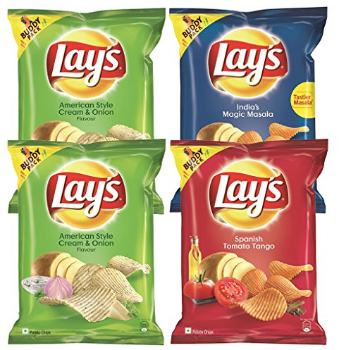 Lays Combo - Crema estilo americano y sabor a cebolla 52 gramos + tomate español tango 52 gramos + Magic Masala 52 gramos - India - Papas fritas - obleas