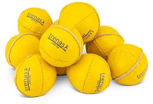TRENAS - 10er-Set Schlagball aus echtem Leder 200g, DLV wettkampftauglich, Formstabiler Wurfball für Leichtathletik, Schule & Sportabzeichen, Griffig & Wasserabweisend, Gelb