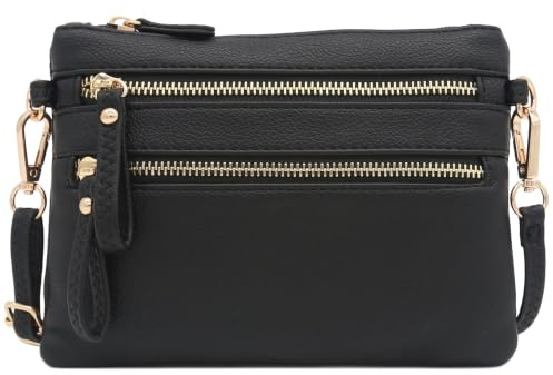 FashionPuzzle Multi Zipper Pocket Small Wristlet Crossbody Bag (Black)