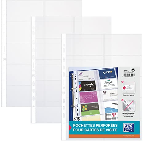 10 pochettes perforées A4 pour cartes de visite format 95 x 55 mm - 20 cartes par pochette -