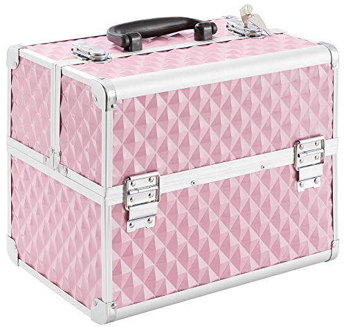 Arebos Kosmetikkoffer | 15L | 5 Fächer | Aluminium | Diamant-Muster | inkl. Schloss & Schlüssel | 2 ausklappbare Etagen | Samteinlage | 32 x 27 x 22 cm | Pink