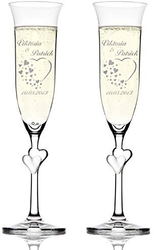 polar-effekt Lot de 2 verres à champagne pour couples - Cadeau personnalisé - Verres à champagne avec gravure personnelle - Tige avec cœurs