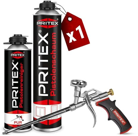 PRITEX – Bauschaum Set 1 x 750 ml Pistolenschaum inkl. Pistolenreiniger 500 ml und Schaumpistole – Montageschaum zum Verfüllen, Dämmen & Abdichten – PU-Schaum mit hervorragender Schall- & Wärmedämmung