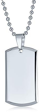 Bling Jewelry Hommes Grande Plaque Identification Militaire Personnalisée Gravable Collier Pour Homme Acier Inoxydable Poli Et Argenté, Bord Biseauté Avec Chaîne Billes 24 Pouces