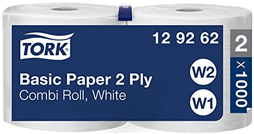 Tork 129262 Basic Paper 2 Ply / Absorbent, Recycled Paper Suitable for Tork W1 Wipers Wall/Floor & W2 Combi Roll Systems / White / 2 x 340m / Ø 26cm