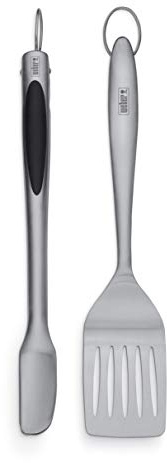 Weber Stainless Steel Style 2‑Piece Barbecue Tool Set – Spatula & Hands‑Free Locking Tongs with Textured Easy‑Grip Handles, BBQ Grilling