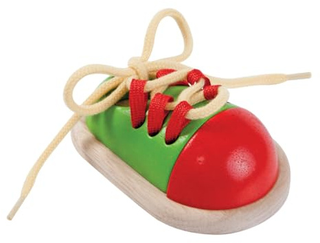 PlanToys® Tie-Up Shoe Lacing Practice Toy for Kids | Montessori Fine-Motor & Independence Activity for Focus & Coordination | Eco-Friendly Wooden Educational Tool
