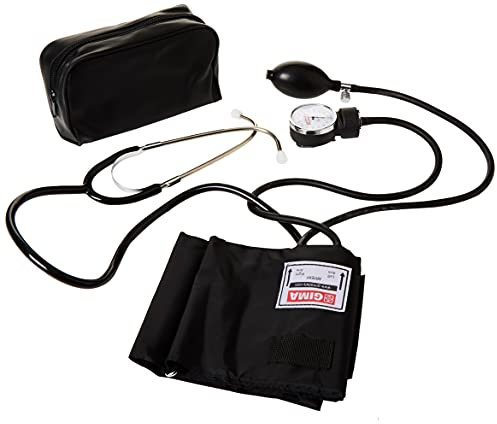 GIMA YTON Classico Sfigmomanometro Aneroide con Stetoscopio Incorporato, Bracciale in Nylon con Velcro, Regolazione Manuale, Pera Valvola Cromata, Nero
