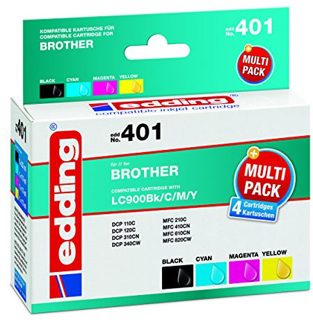 edding Druckerpatrone EDD-401 - Multipack 4 - Schwarz, Cyan, Magenta, Gelb - 1x 21 ml + 3x 14,5 ml - Reichweite 1x 700 3x 1080 Seiten - Ersetzt Brother LC900BK/C/M/Y