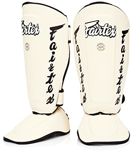 Fairtex SP7 Muay Thai Schienbeinschützer für Herren, Damen, Kinder | aus Syntek-Leder und hochwertig, leicht und langlebig | Abnehmbarer Schienbein- und Fußschutz(Large-Weiß)