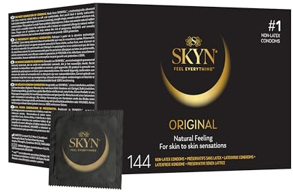 Skyn Original: Set med 144 Skynfeel latexfria kondomer för herr/vanlig storlek, solid och tunn, rak form och slät/diameter 53 mm
