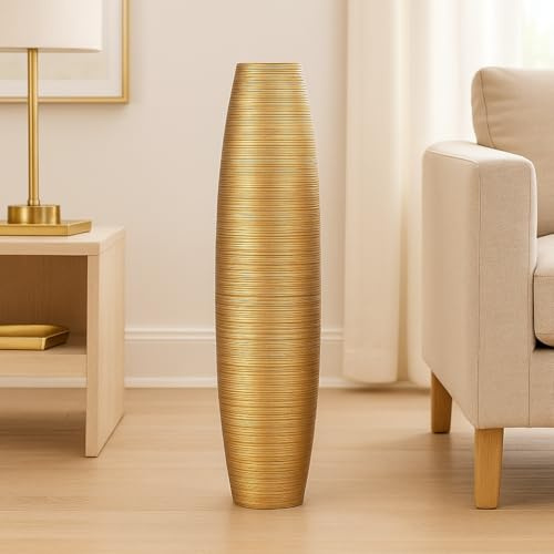 Leewadee Jarrón de Suelo Grande Alto 65 cm - Jarrón Dorado Madera de Mango Hecho a Mano Hierba Pampa