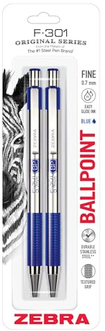 Zebra Pen F-301 Ballpoint Blue Ink Fine Point 0.7mm Pen, Easy-Glide Ink, Stainless Steel Retractable, Non-Slip Grip, Professional Design, Ideal for Office, Journal and Planner Use, 2-Pack (27122)