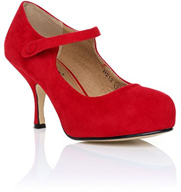 New Womens Ladies Strap MID Heel Casual Smart Work Pump Court Shoes Size 3-8 Red Suede