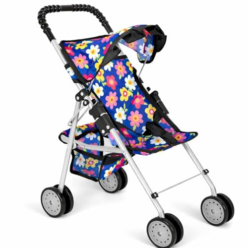 My First Doll Stroller for Kids – Foldable Baby Toy Doll Stroller with Safety Belt & Storage Basket, Pretend Play Fits up to 18″ Dolls, Double Wheels on All 4 Legs – Best Gift for Girls & Boys