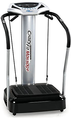@tec Crazy FIT Massage, Vibrationsplatte mit Haltestange, 50 Stufen, 4 Programme + manueller Modus, Pulssensoren, 2 Trainingsbänder, LED-Anzeige, rutschfeste Trittfläche
