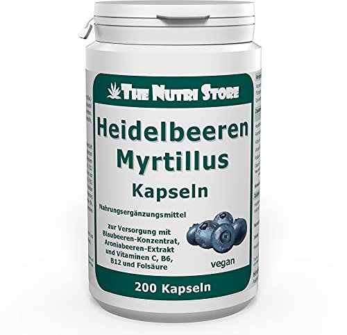 Heidelbeeren Myrtillus vegane Kapseln 200 Stk. mit Blaubeeren-Konzentrat, Aroniabeeren-Extrakt und Vitaminen C, B6, B12 und Folsäure