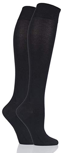 SockShop Bamboo Knee High Socks - Women's Long Socks in Plain and Striped Designs, Fun, Fashionable, Bright Colours, Soft and Breathable for Comfort, 2 Pair Pack Black 4-8