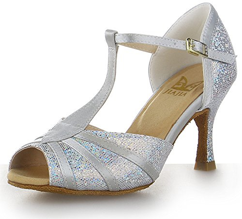 JIAJIA 20519 Sandalias de mujer de 7,5 cm de tacón acampanado Super Satén con purpurina brillante zapatos de baile latino, plata, 38 EU