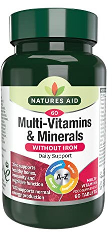 Natures Aid Multivitamins & Minerals Without Iron - High Strength One-a-Day Multi-Vitamin Formula - Supports Immune System, Energy, Brain and Bone Health - Vegan, Gluten-Free, Non-GMO - 60 Tablets