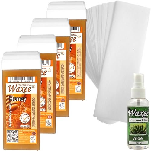 4 x Roll on roller wax cartridge + Strips+ After wax oil, waxing pack (Honey- Classic line)