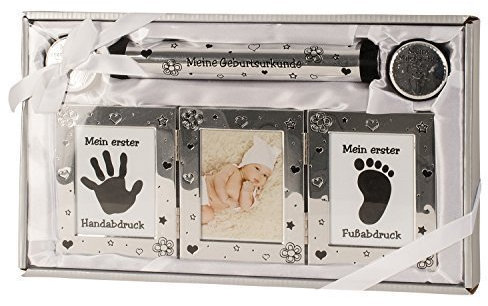 Babyset in silber inklusive Bilderrahmen, 2 Dosen für Milchzähne und Haar, Röhre für die Geburtsturkunde und Gips für Hand und Fußabdruck 22x37 cm