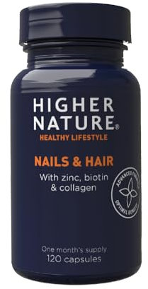 Higher Nature - Nails & Hair - Contains Zinc, Biotin & Collagen - Supports Beautiful Skin - 120 Capsules