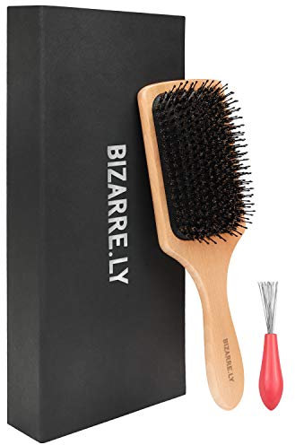 Bizarre.ly Cepillo Pelo Cerdas de Jabalí con Limpiador de Cepillo - Cepillo Desenredante Paleta de Madera con Caja de Regalo - Pelo Largo, Grueso, Rizado, Ondulado, Corto – Reduce la Ruptura del Pelo