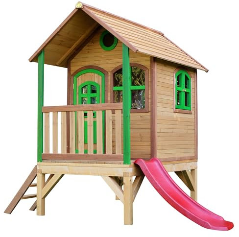 AXI Tom Casa Bambini con pavimento e scivolo rosso | Casetta da gioco per giardino/esterno in marrone e verde in legno FSC | Parco giochi per bambini