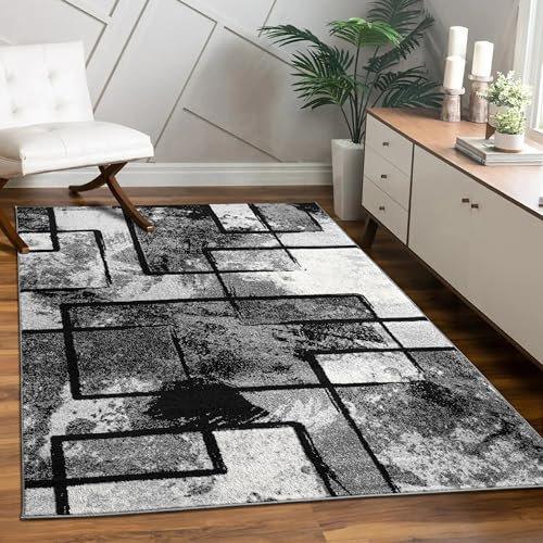 Paco Home Large Rug Modern Short Pile Abstract Paint Effect Black Grey Charcoal, Size:160x230 cm