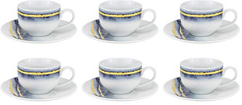 Euro Porcelain 12-pc Coffee Tea Cup Espresso Set, Fine Marble China Tableware with 24k Gold Plate Accent (Blue w/gold, 12-pc Espresso)