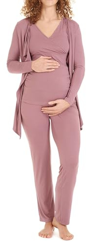 Herzmutter Pigiama Premaman - Set Pigiama Allattamento maternità - 3 Pezzi - Abbigliamento Casa per Gravidanza e Allattamento - 8100 (Rosa Scuro, L)
