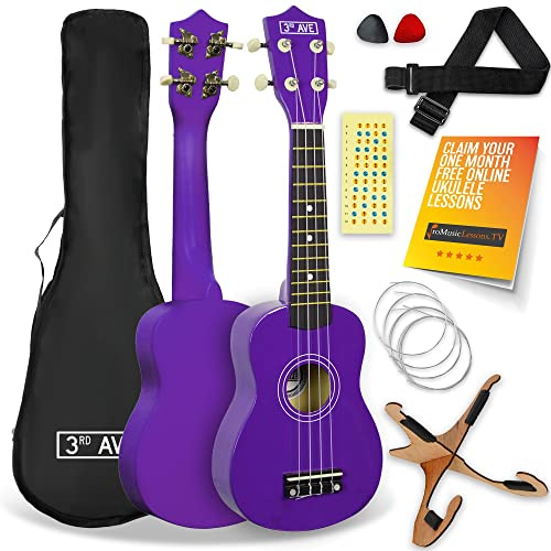 3rd Avenue Pacchetto beginner con ukulele soprano da 21 pollici 3rd Avenue – Custodia, stand, tracolla, corde, plettri e adesivi per tasti – Viola