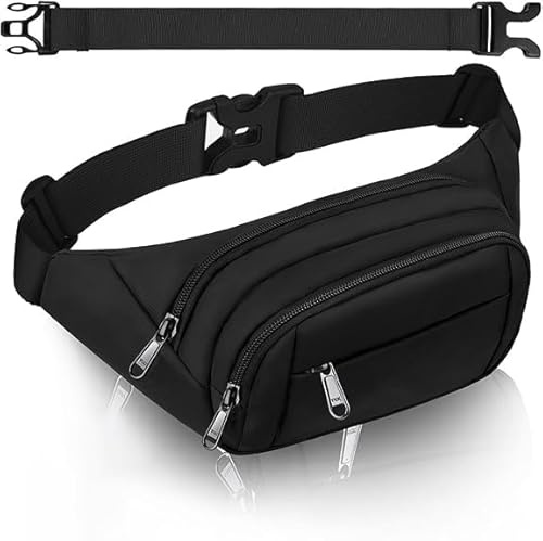 4 Pockets BumBags Ladies 35cm Extended Belt Large Waist Bum Bag Men,Large Capacity Waist Bag Waterproof Black Fanny Pack for iPad mini & iPhone- Gift Bag Women for Sport Travel Hiking Cycling