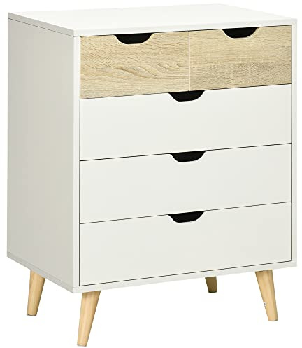 HOMCOM Cómoda con 5 Cajones Estilo Nórdico 60x40x77,5 cm Blanco y Roble