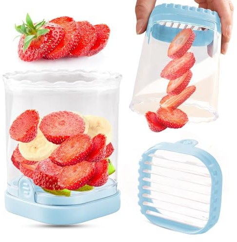 Affettatrice creativa per fragole e frutta – taglierina staccabile con piastra a pressione (azzurro)