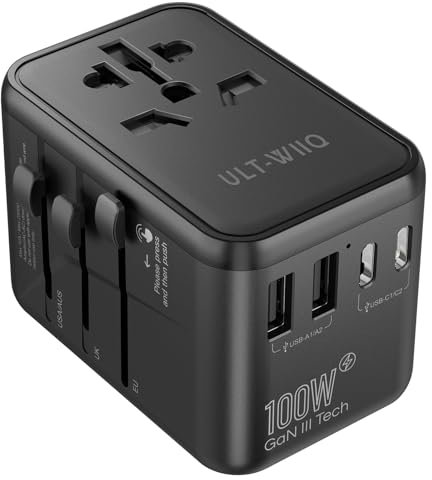 ULT-WIIQ - Adaptador de viaje universal de 100 W internacional adaptador de enchufe universal con 2 USB-A y 3 USB-C adaptador de viaje universal para EE.UU. Reino Unido EU Japón Canadá, etc.