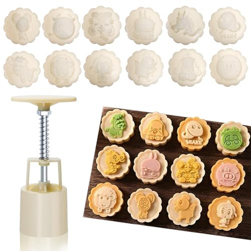YOSKAEDI Mondkuchenpresse 50g, Keksstempel Set, Mondkuchenformen, mit 12 Cookie Stempeln, Sehr geeignet für Backbegeisterte