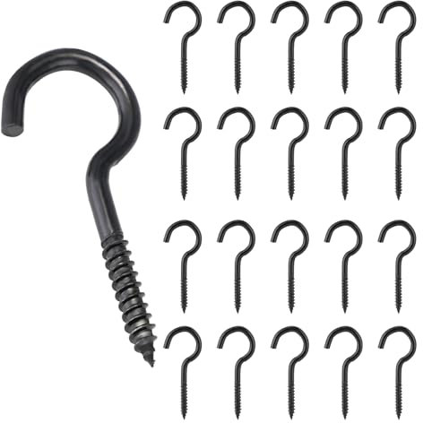 Behiruch Tornillos de Gancho, 20 Piezas Ganchos para Atornillar Acero al Carbono, Gancho de Rosca para Colgar, Gancho de Techo Grande para Hamacas, Casas de Pájaros, Cables Fijos (Negro)