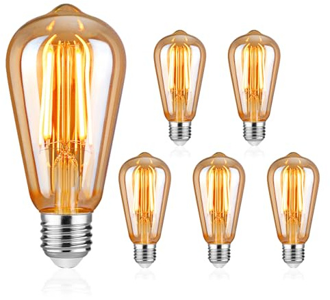 Vintage Edison Light Bulbs E27 Base, ST58 Warm White 2500K, Antique Retro Amber Glass Lamp 700LM, Screw LED Filament Decorative Bulb Squirrel Cage, 6W Equivalent to 60W, Non-dimmable, Pack of 5