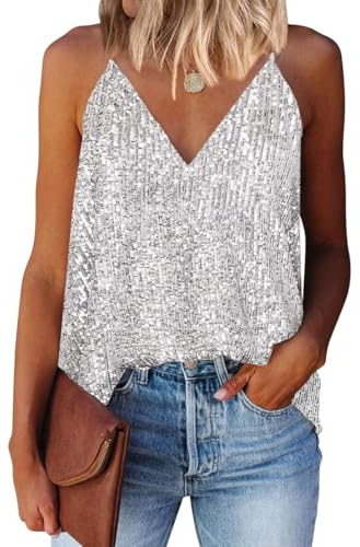 EUDOLAH Mujer Lentejuelas Top Cuello V Sin Mangas Verano Halter Chaleco Casual Suelto Moda Playa Fiesta(Blanco,S)