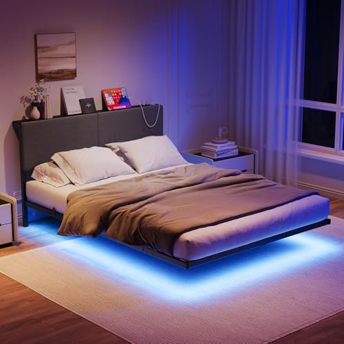 HOMERECOMMEND 4ft6 Double Bed Frame with USB Charging Station and LED Light,Floating Bed Frame with Storage Headboard,Upholstered Platform Bed Frame Double Size,Noise-Free Strong Slats,Dark Grey