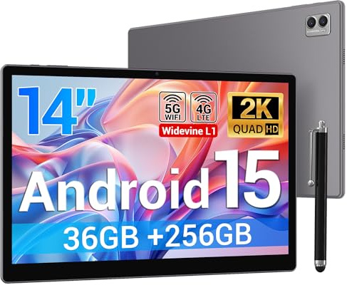 BEYNIVAN Tablet 14 Pulgadas Android 15 Tableta con 4G LTE y 5G WiFi,11580mAh y 20W,36GB RAM+256GB ROM/2000 * 1200 FHD/Face ID/GPS/BT 5.0/TÜV/USB-C,Tablet con Lapiz,Gris
