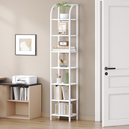 Hzuaneri Regal, Bücherregal, 7 Ebenen Standregal, DVD-Regal, Schmale Regale, Industriestil Büroregal, Metallrahmen für Wohnzimmer, Schlafzimmer, Küche, Weiß BC57013W