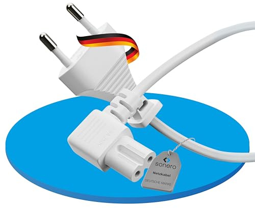 Sonero® Euro-Cavo di alimentazione, cavo di alimentazione per elettrodomestici, spina Euro a presa IEC 90° C7, 1,50 m, bianco