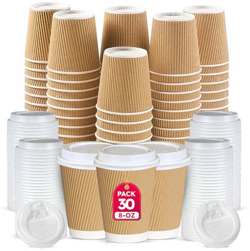 CHEF ROYALE 30x 8oz Kraft Disposable Coffee Cups with Lids - Insulated Triple Walled Takeaway Cups for Hot and Cold Drinks - Ripple Cups for Christmas, Birthdays, Parties (30, Kraft)